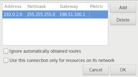 이미지는 IPv4 네트워크에 대한 고정 경로를 구성할 수 있는 NetworkManager 연결 편집기 창을 보여줍니다.